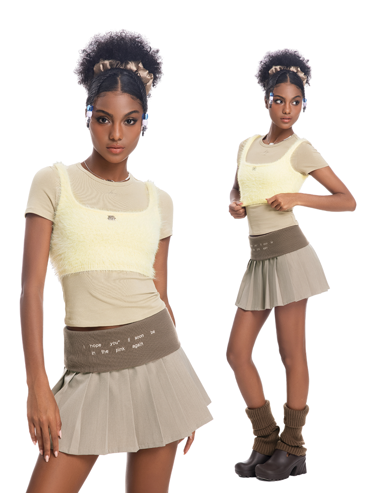 ABMY Turned Waist Knitted Splicing Pleated Skirt