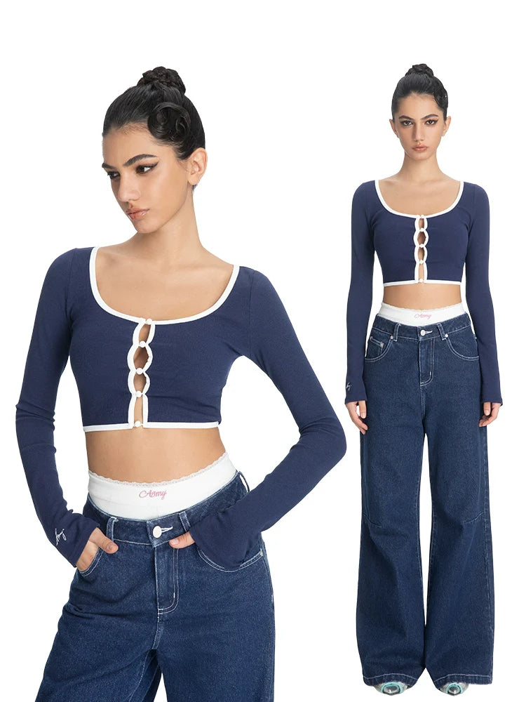 ABMY Square-neck Breasted Contrasting Hemming Cardigan