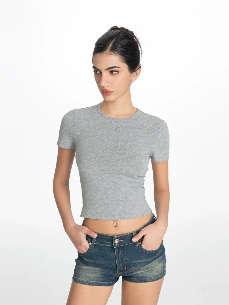 ABMY Crew Neck Front Shoulder Versatile Slim Waist Tee