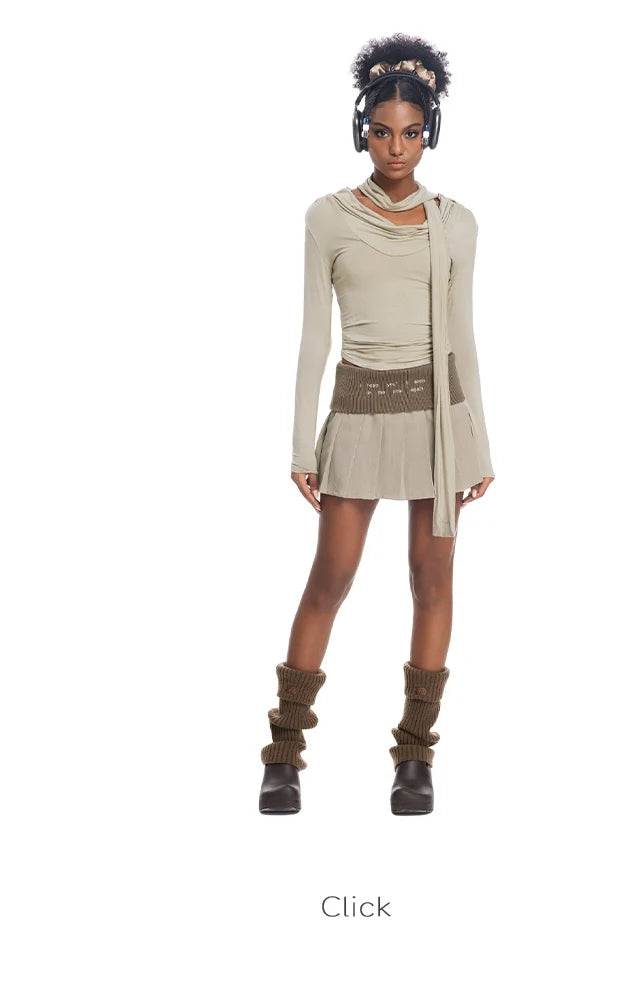 ABMY Turned Waist Knitted Splicing Pleated Skirt