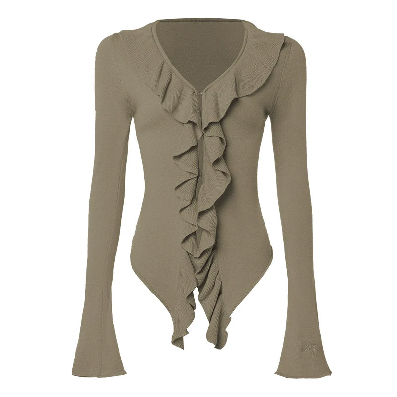 ABMY Ruffle Edge Long-sleeved Knitted Cardigan