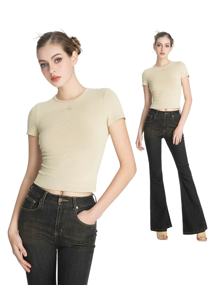 ABMY Crew Neck Front Shoulder Versatile Slim Waist Tee