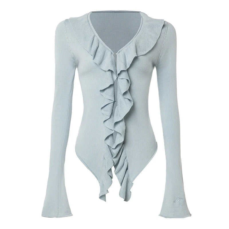 ABMY Ruffle Edge Long-sleeved Knitted Cardigan