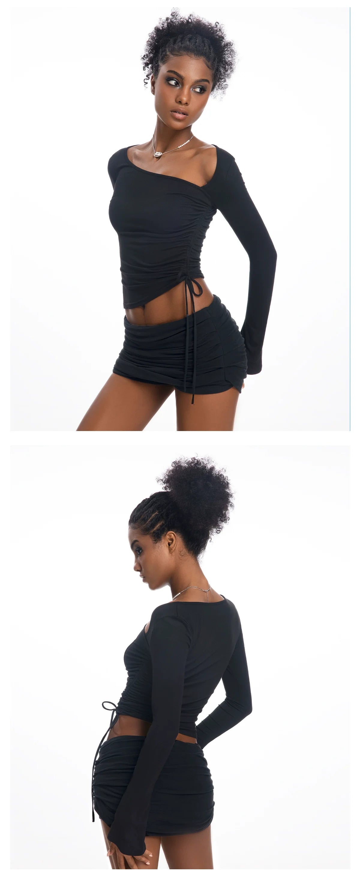 ABMY Slanted Shoulder Irregular Spice Girl Drawstring Versatile Bottoming Shirt