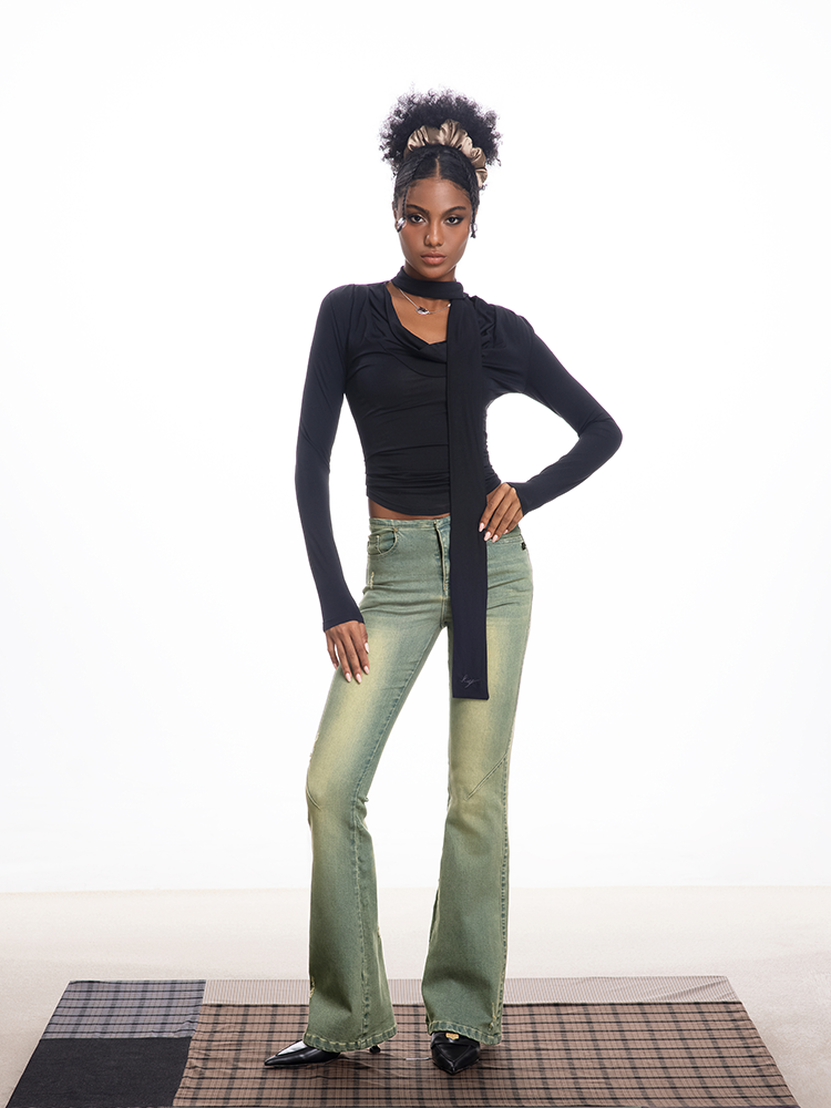 ABMY Retro Washed Slim and Thin Stretch Flared Pants
