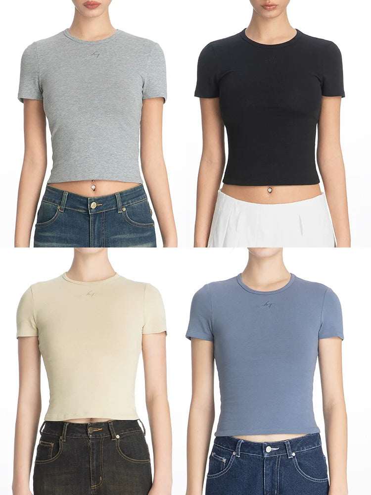 ABMY Crew Neck Front Shoulder Versatile Slim Waist Tee