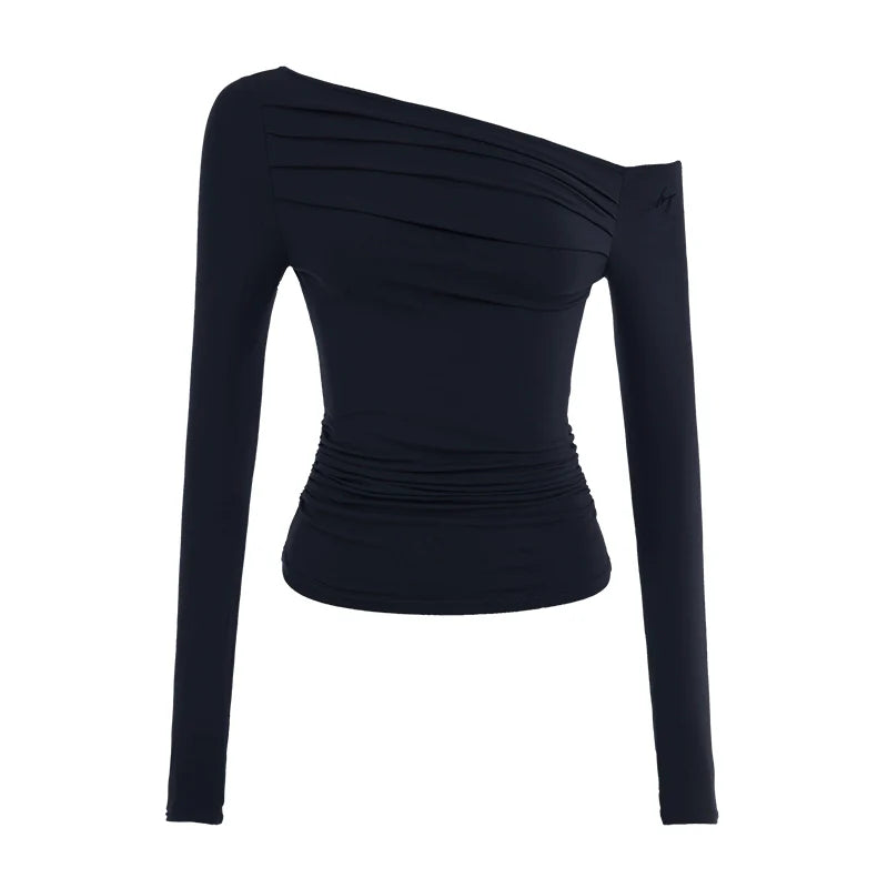 ABMY Pleated Slim Skinny Slash Shoulder Tee