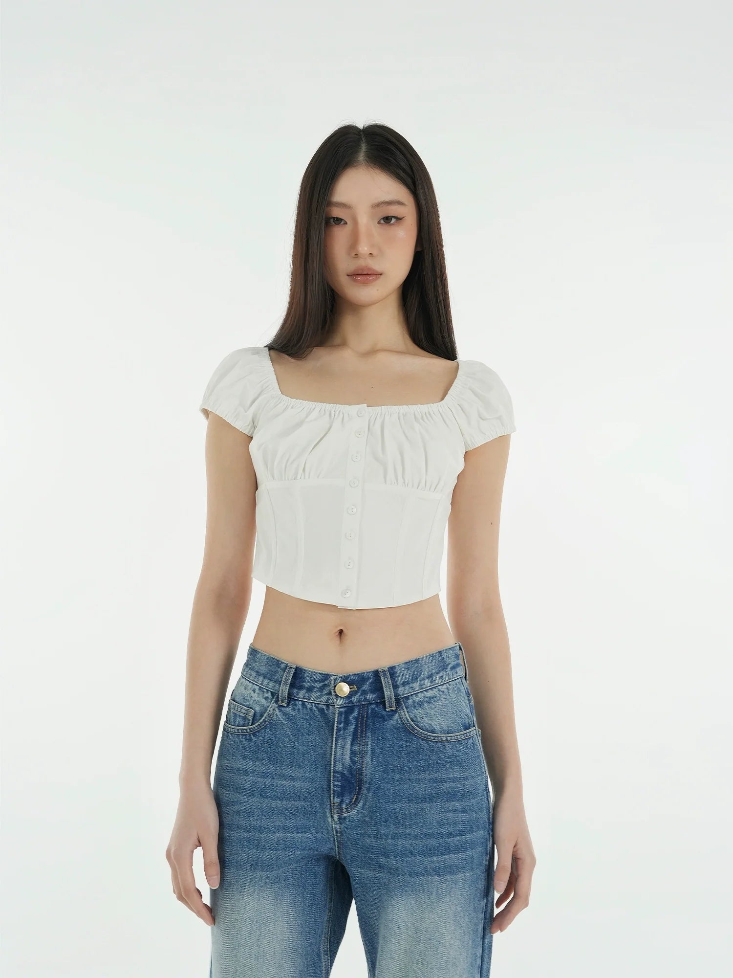 Jim Kennet Vintage Square Neck Button Slim Fit Fishbone High Waist Tee
