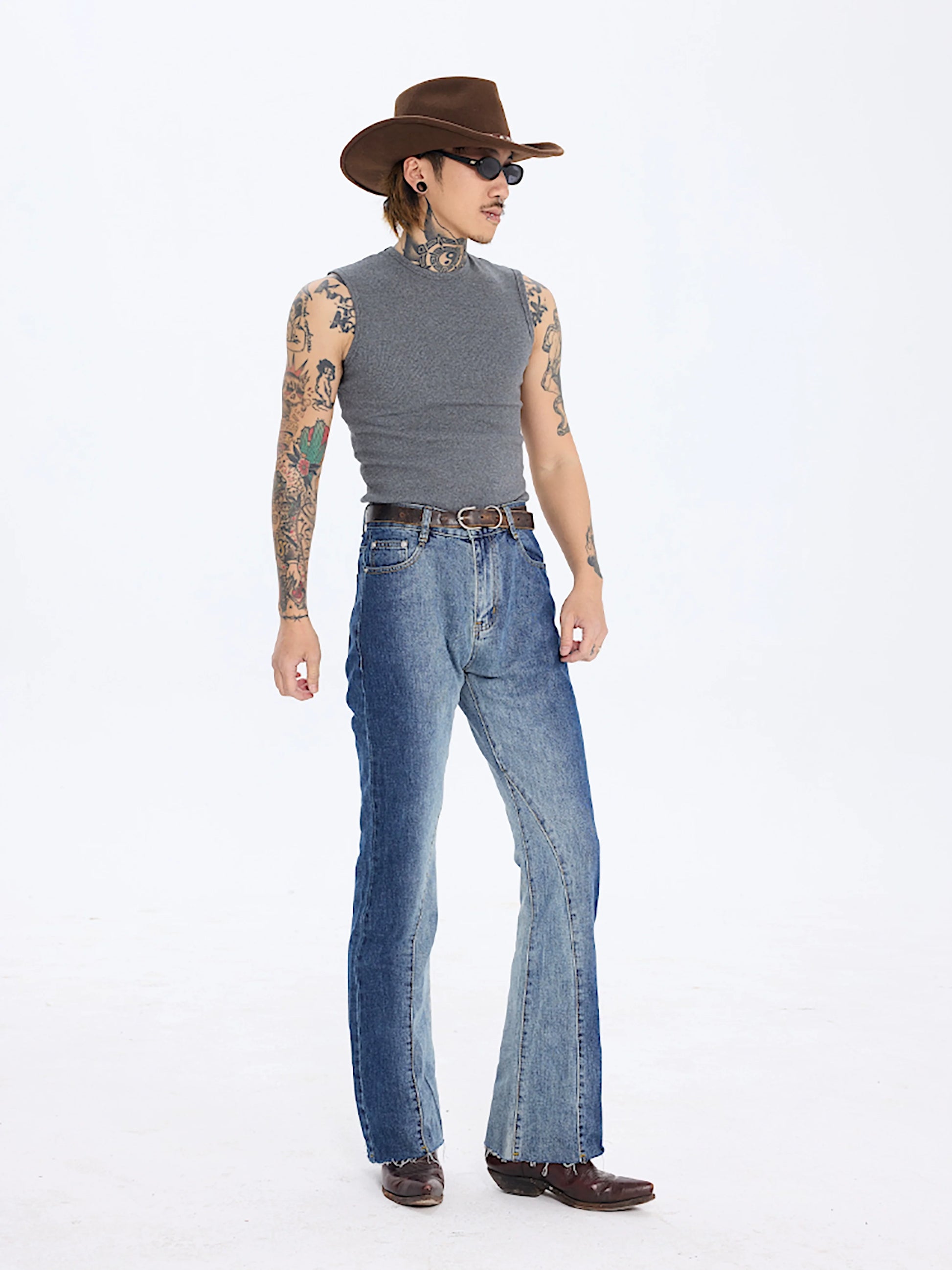 PUBLICRADIO Splicing Washed Heavy Denim Micro-flared Pants