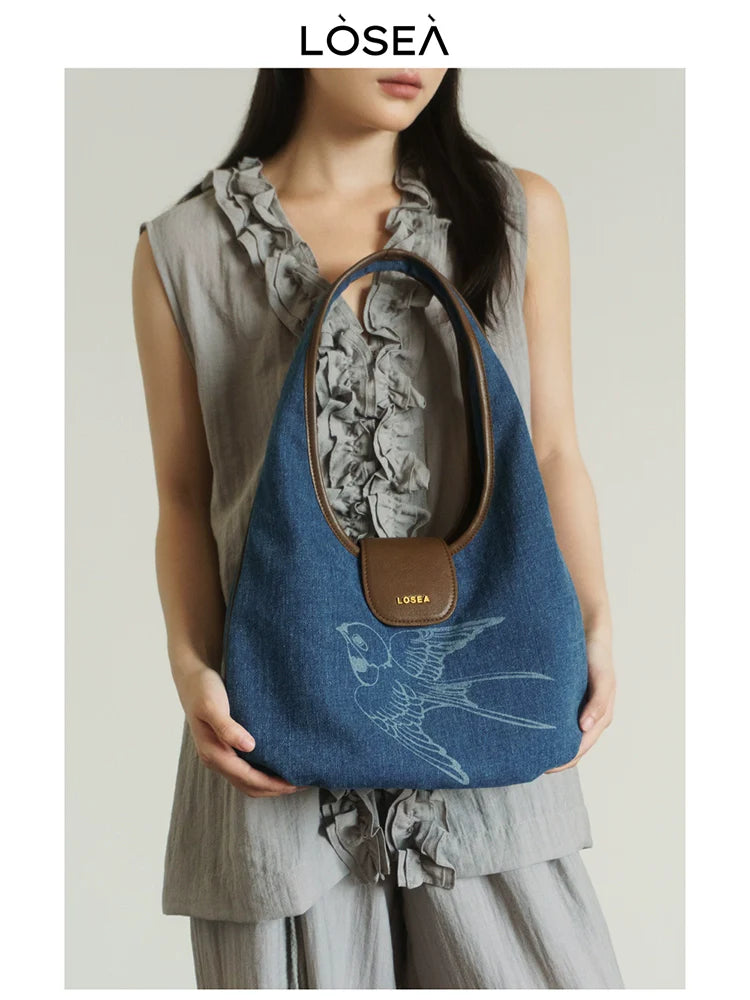 LOSEA New Chinese Denim Retro Shoulder Underarm Bag