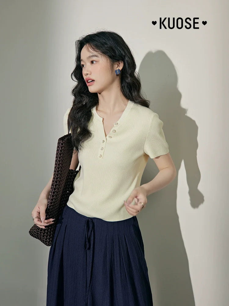 Kuose Temperament Slim V-neck Knitted Sweater Tee