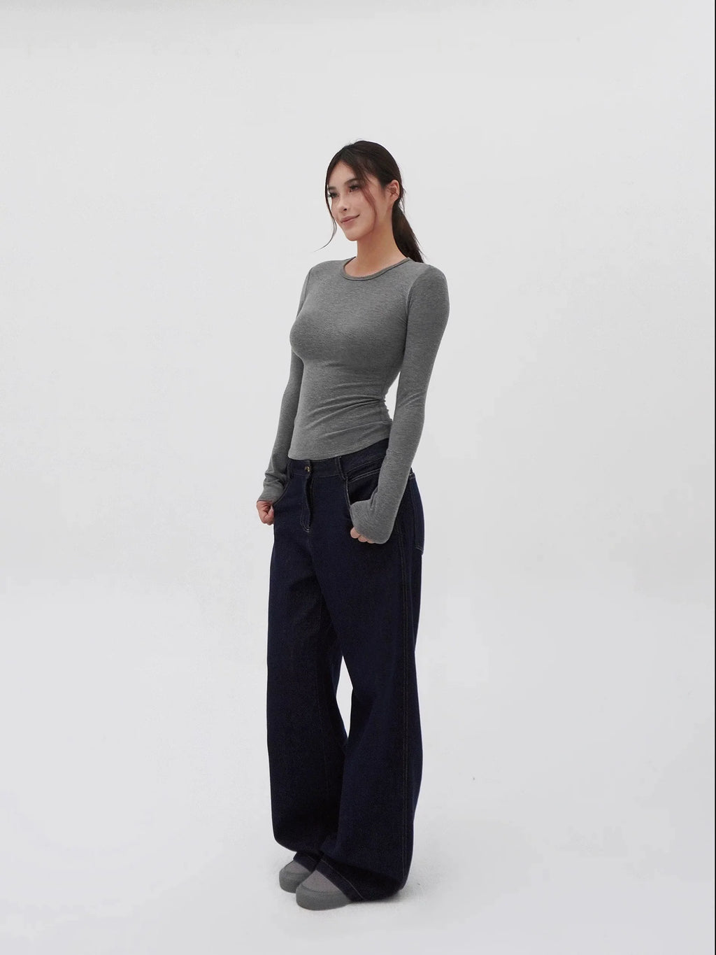 Jim Kennet Crew Neck Micro Transparent Shoulder Long Sleeve Bottom Shirt