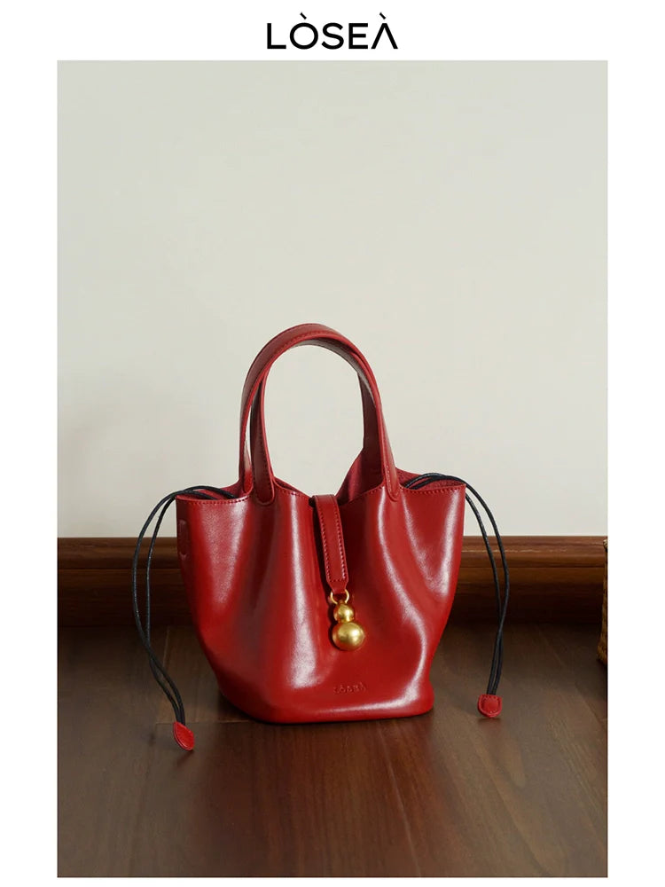 LOSEA Genuine Leather Vegetable Basket Cowhide Gourd Shoulder Bag