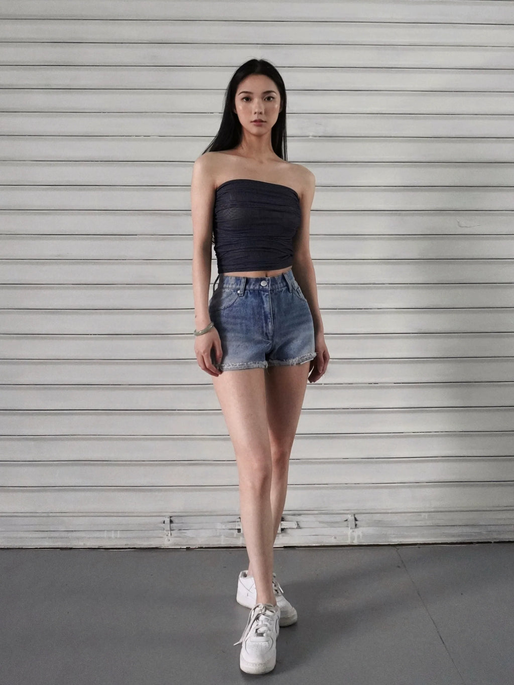 Jim Kennet Plaid Mesh Creased Short Tube Top