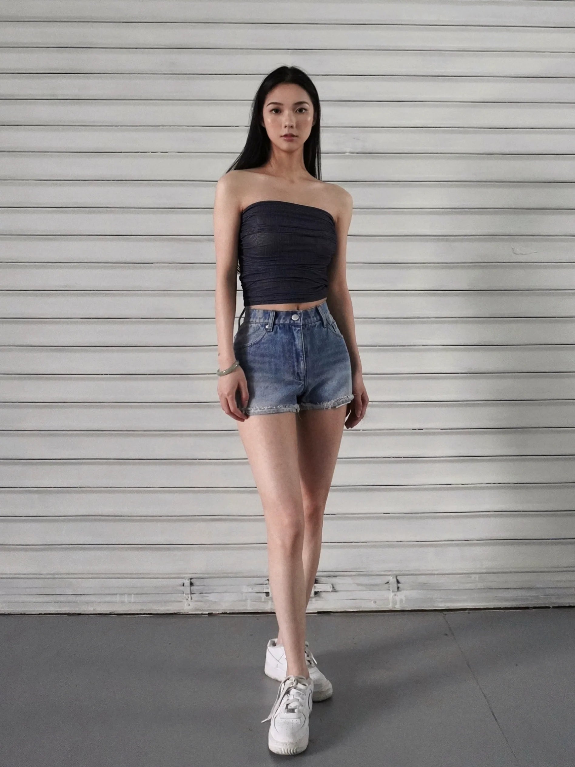 Jim Kennet Plaid Mesh Creased Short Tube Top