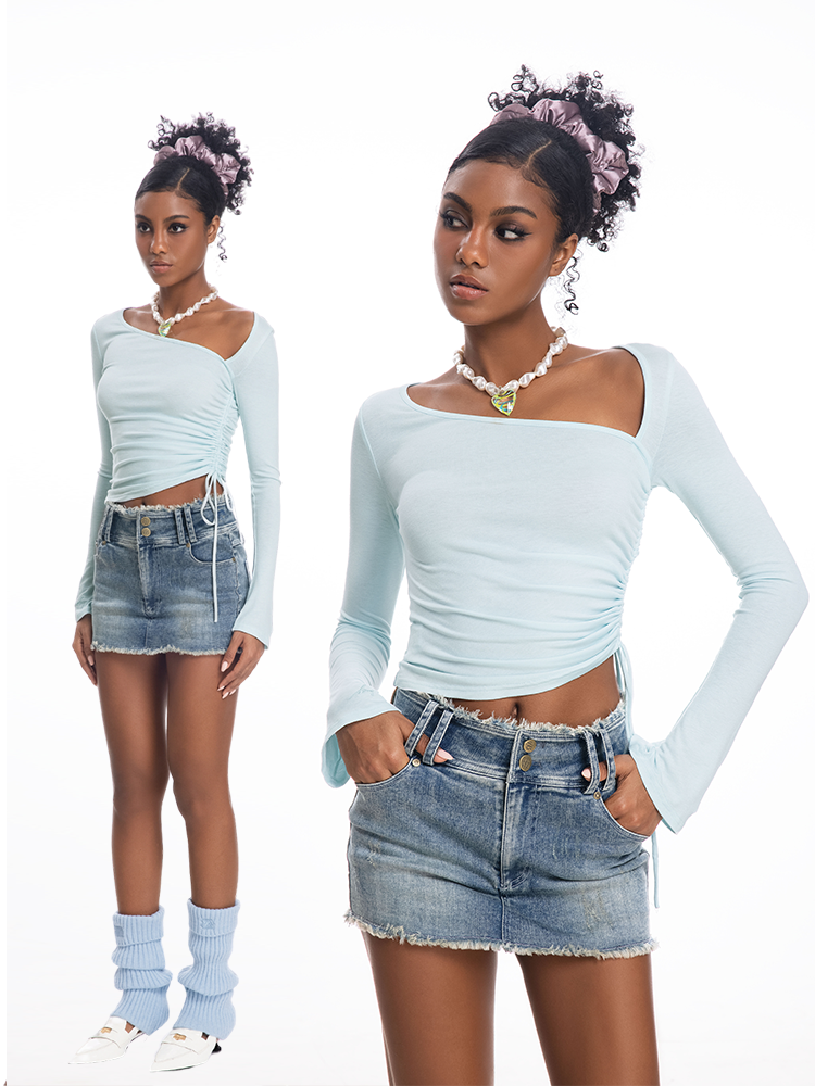 ABMY Slanted Shoulder Irregular Spice Girl Drawstring Versatile Bottoming Shirt