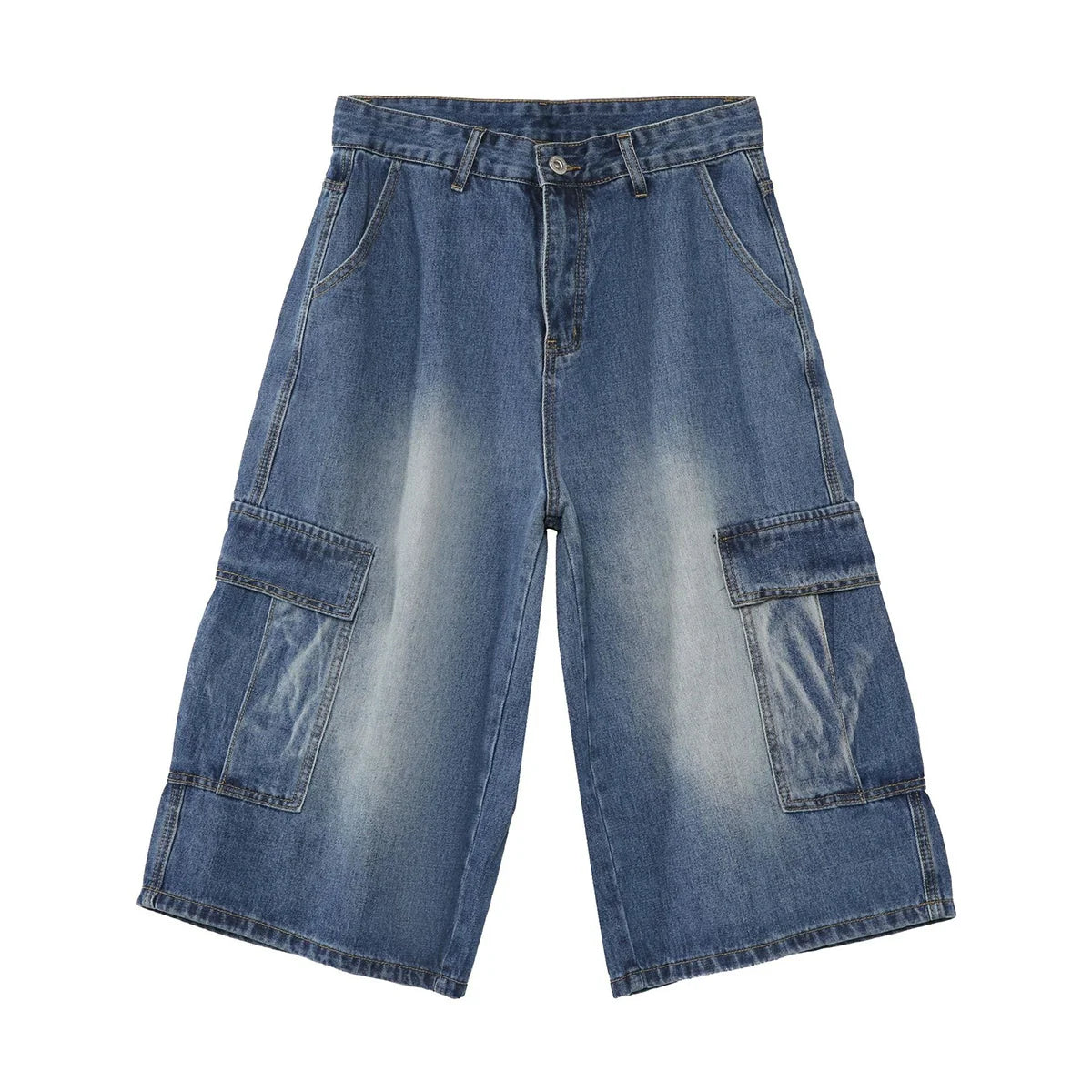 PUBLICRADIO Japanese Retro Primary Color Washed Denim Cropped Pants