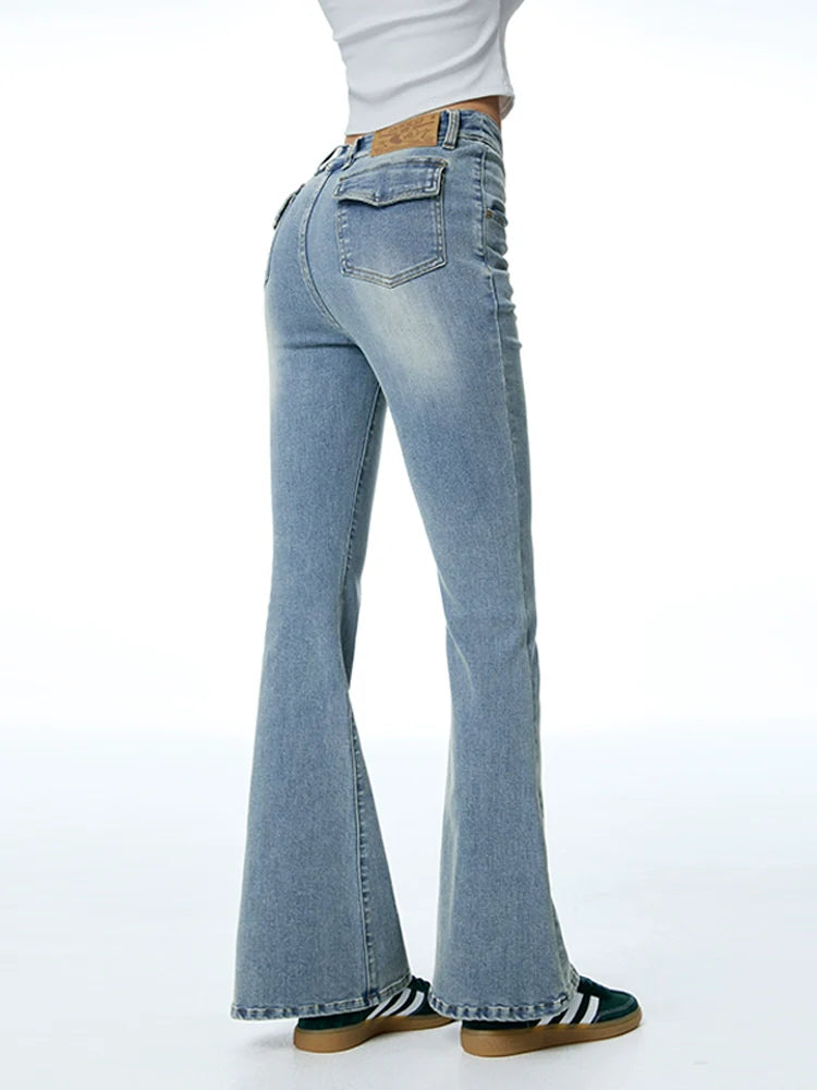 ABMY V Waist Slightly Stretched and Thin Denim Flared Pants