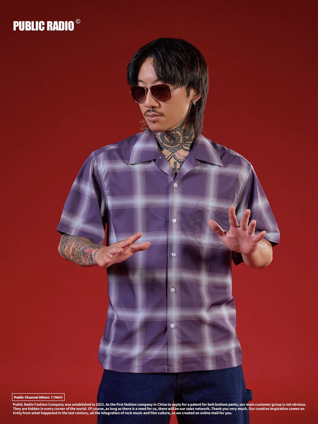 PUBLICRADIO Vintage Loose Plaid Ice Silk Shirt