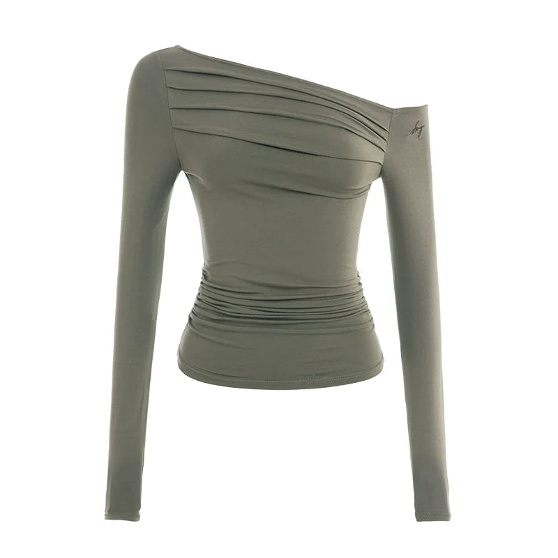 ABMY Pleated Slim Skinny Slash Shoulder Tee