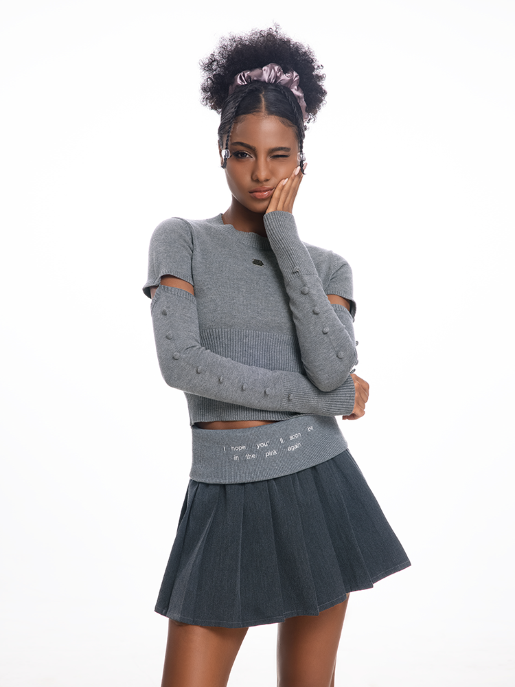 ABMY Turned Waist Knitted Splicing Pleated Skirt