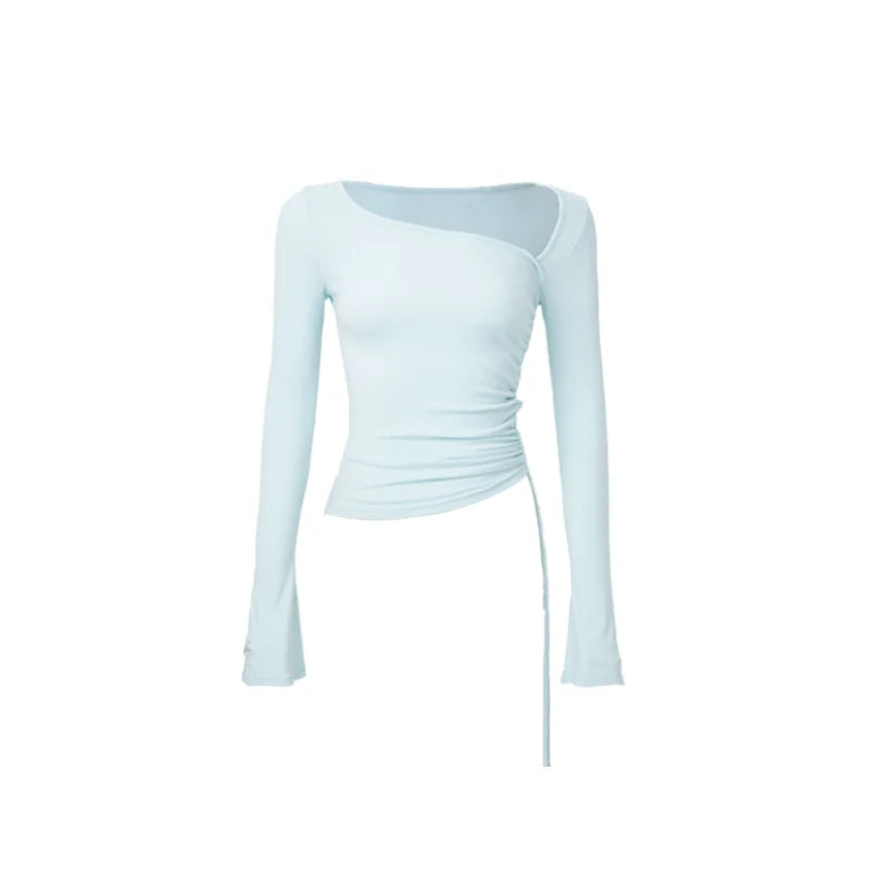 ABMY Slanted Shoulder Irregular Spice Girl Drawstring Versatile Bottoming Shirt