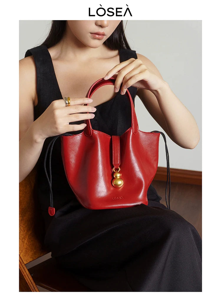 LOSEA Genuine Leather Vegetable Basket Cowhide Gourd Shoulder Bag