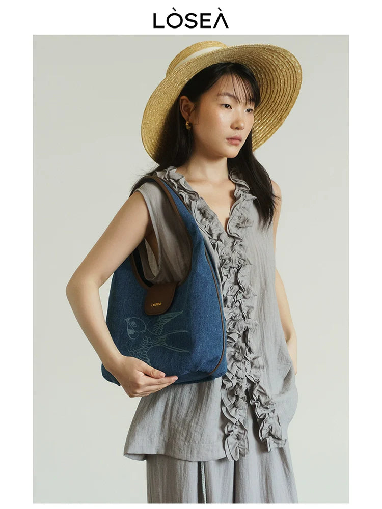LOSEA New Chinese Denim Retro Shoulder Underarm Bag