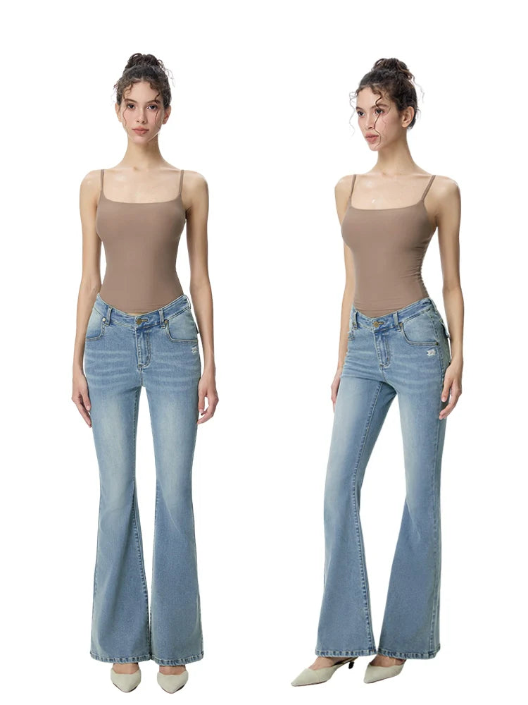 ABMY V Waist Slightly Stretched and Thin Denim Flared Pants