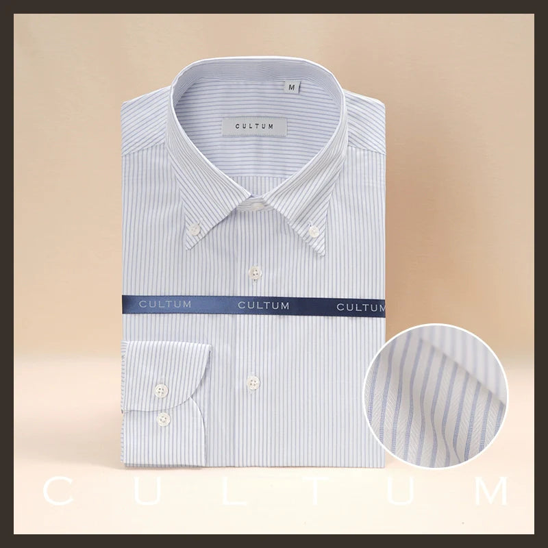 CULTUM Big Tip Neck Button Neck Slim-Fit Striped Shirt