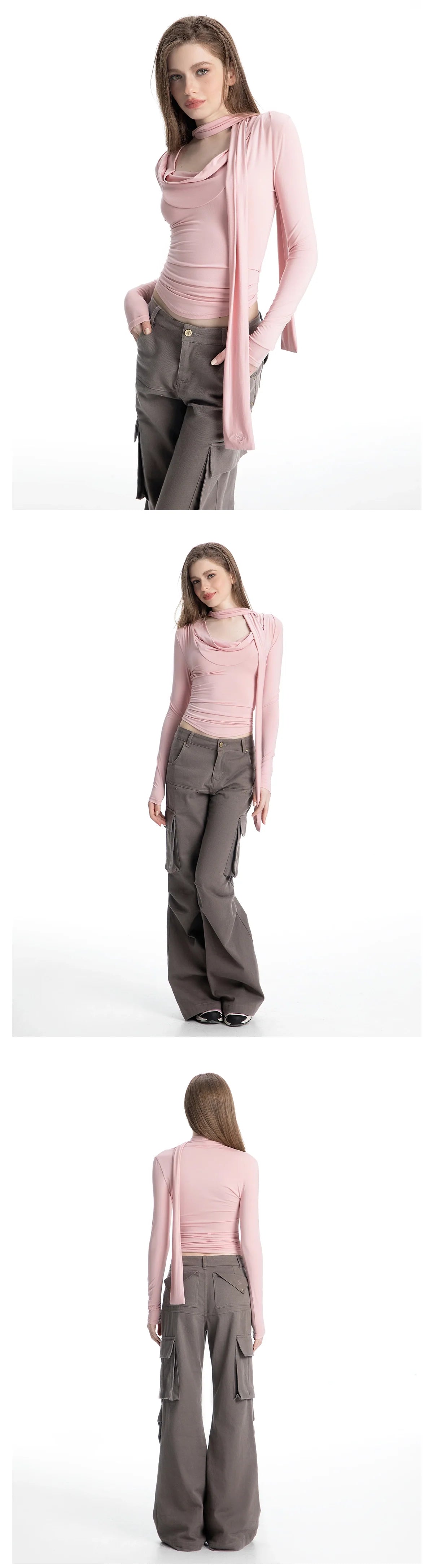 ABMY Swinging Neck Pleated Slim Fit Long Sleeve