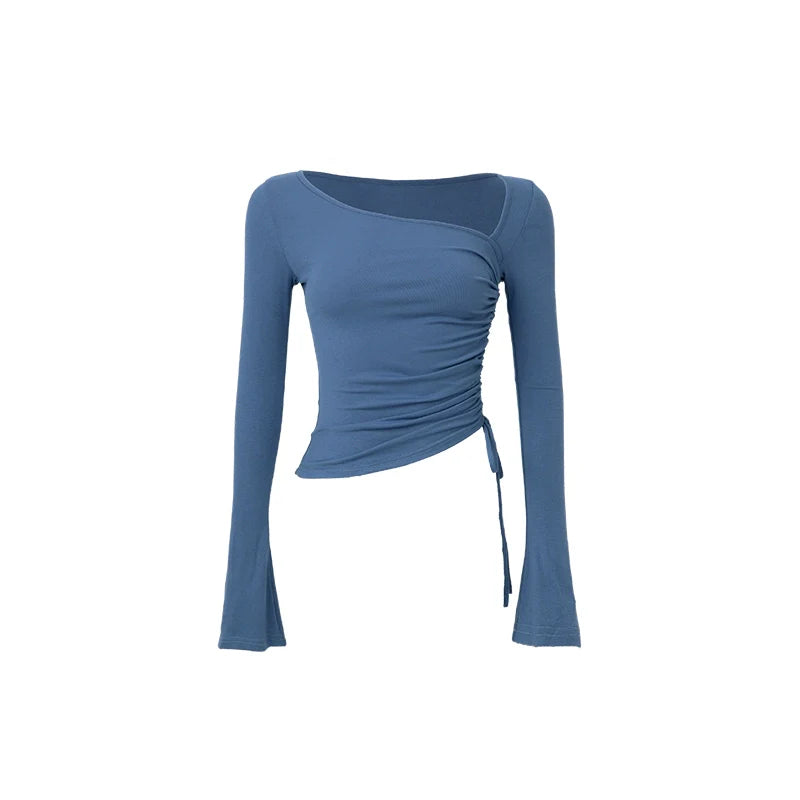 ABMY Slanted Shoulder Irregular Spice Girl Drawstring Versatile Bottoming Shirt