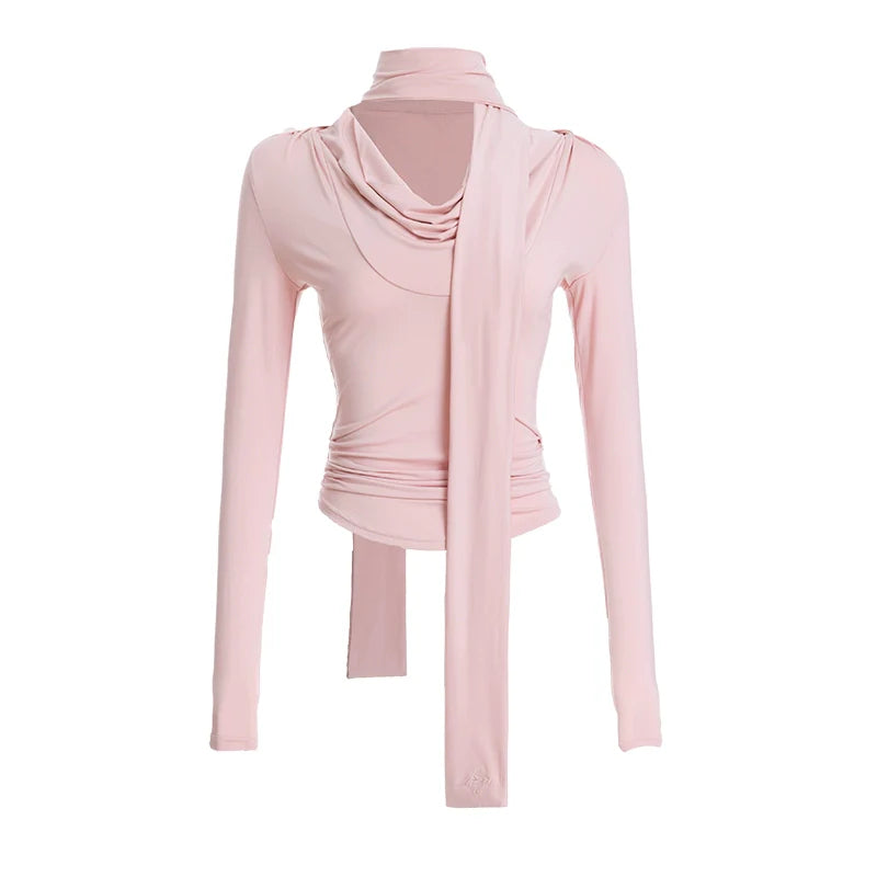 ABMY Swinging Neck Pleated Slim Fit Long Sleeve