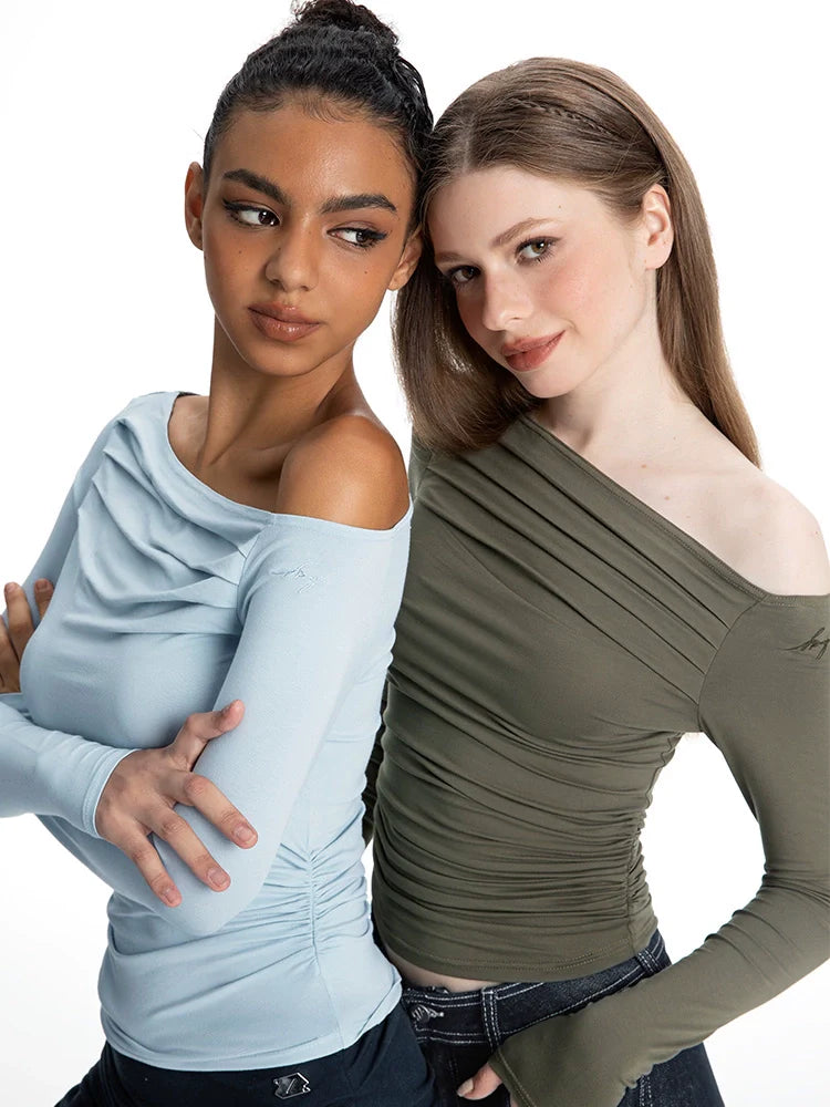 ABMY Pleated Slim Skinny Slash Shoulder Tee