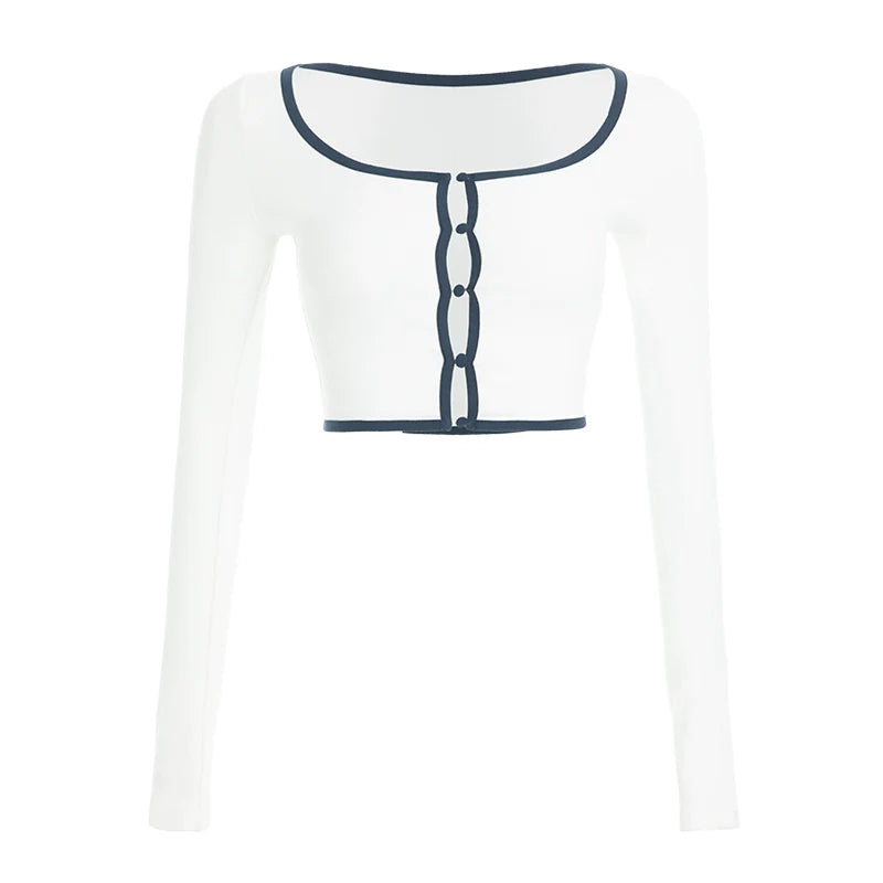 ABMY Square-neck Breasted Contrasting Hemming Cardigan