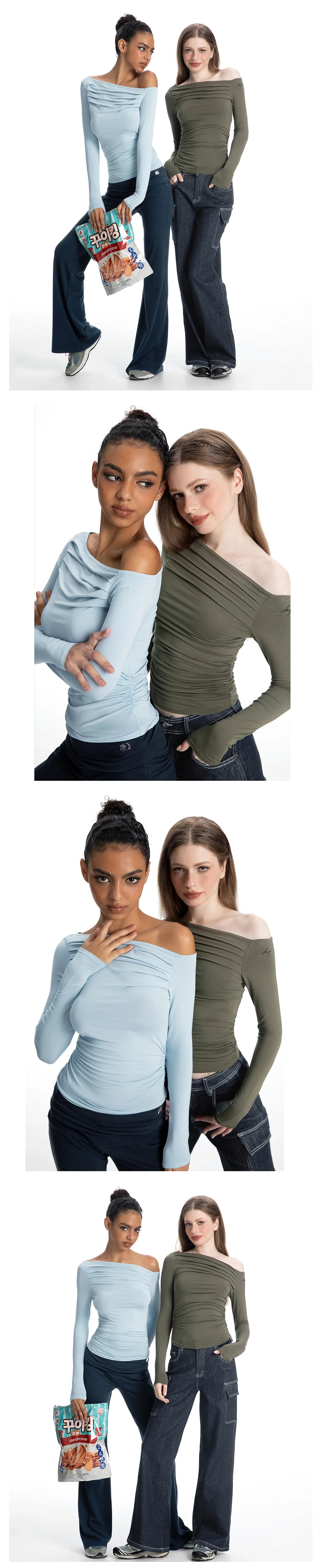 ABMY Pleated Slim Skinny Slash Shoulder Tee