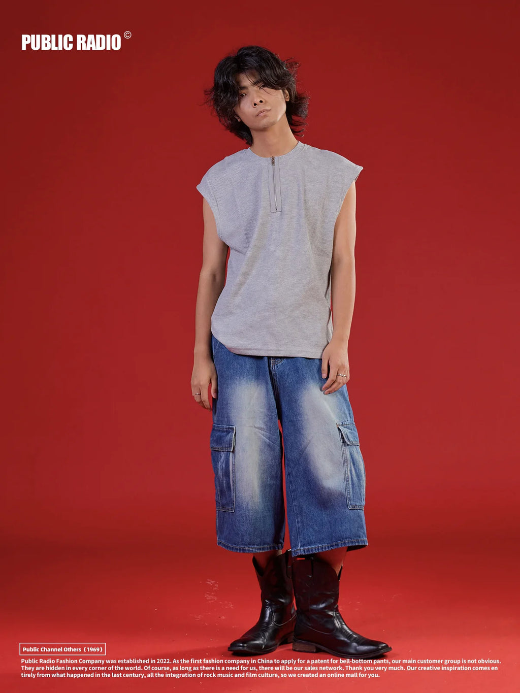 PUBLICRADIO Japanese Retro Primary Color Washed Denim Cropped Pants