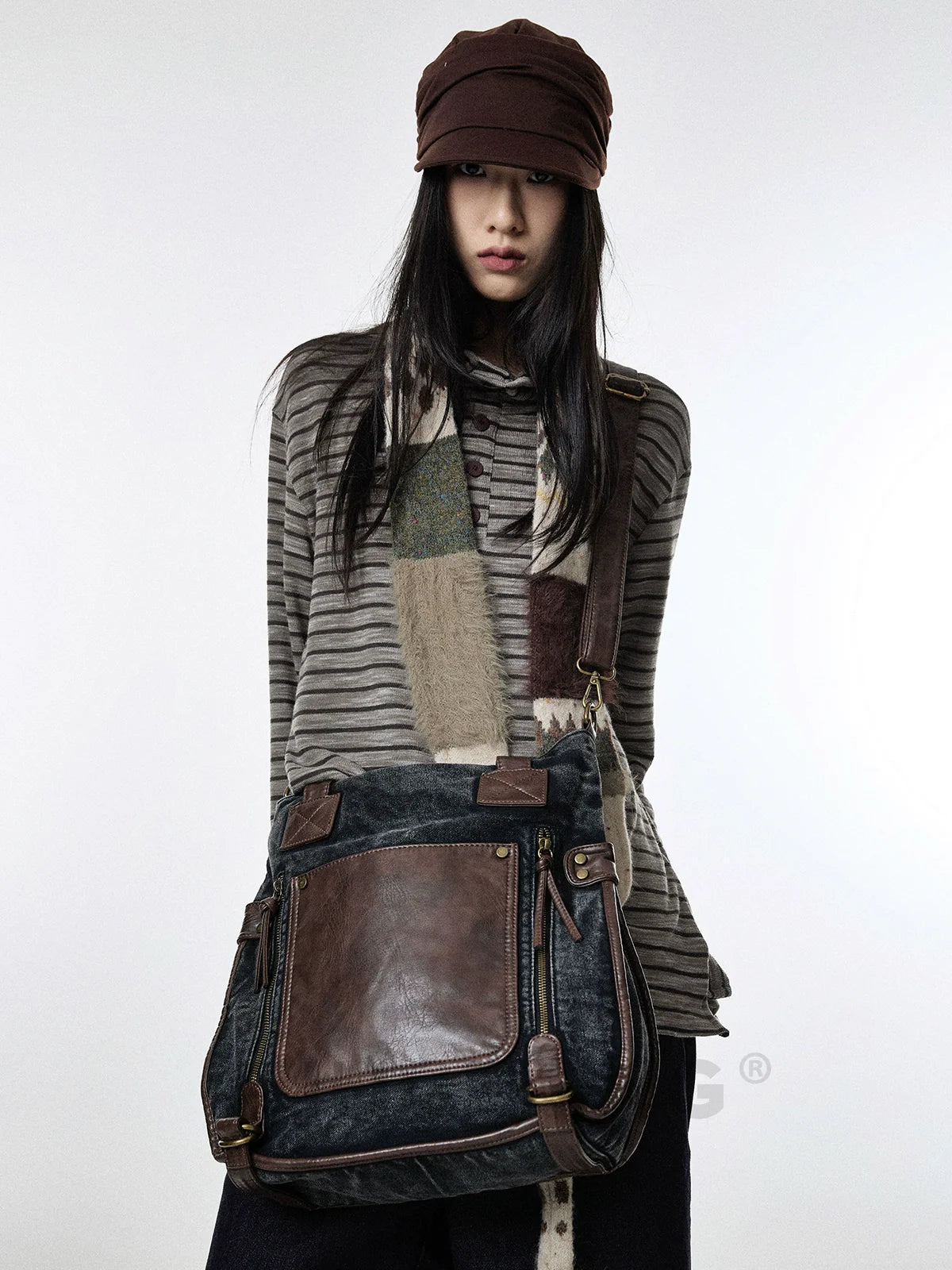 BINGBONG Retro Shoulder Tote Bag Dual-purpose Portable Messenger Bag